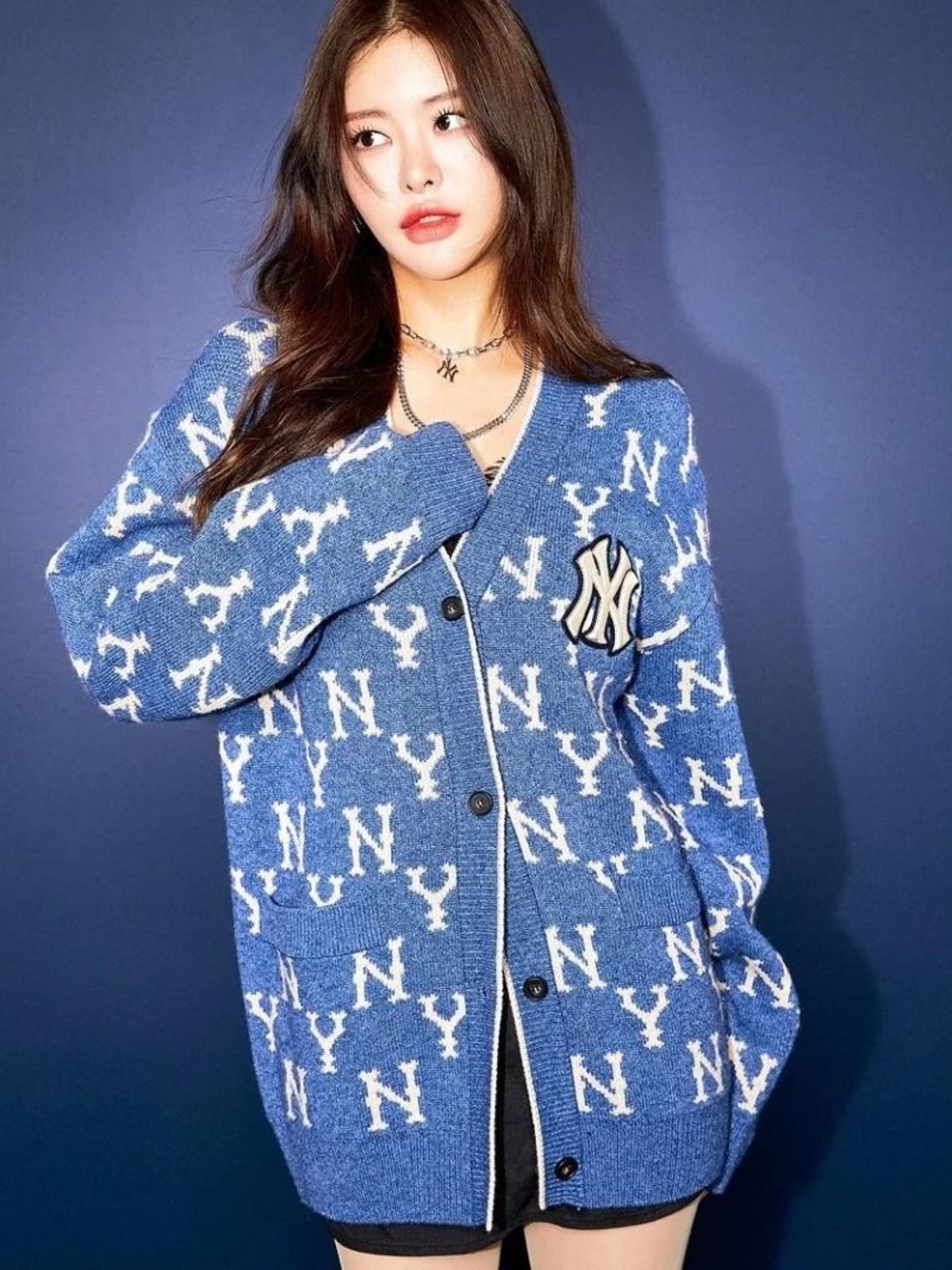 MLB Korea Monogram New York Yankees Colorblock Knit Cardigan Unisex Blue L Large